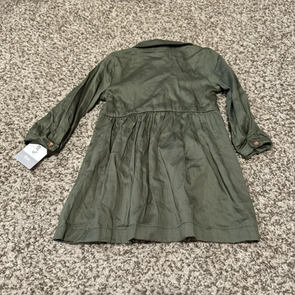 Carters Dark Green Olive Long Sleeve Baby Dress 9 Months Embroidered Holiday NEW